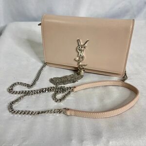Yves Saint Laurent (YSL) PinkIvory Leather Silver Tassel 'Kate'Wallet on Chain